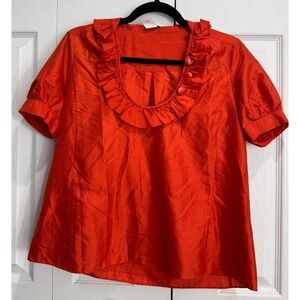 J.Crew Tunic Blouse Women's 4 Orange 100% Silk Short Sleeved Ruffled Collared